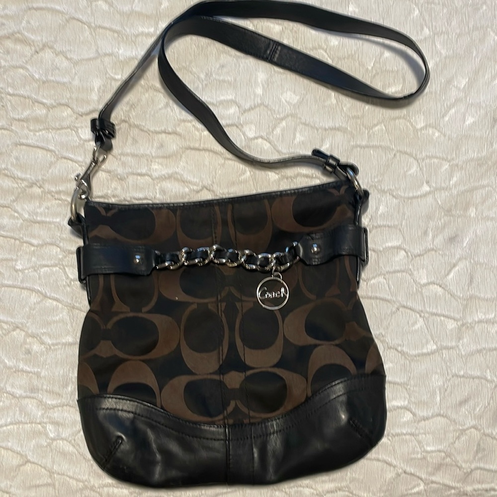 Coach Black and Brown Shoulder Bag with Signature Monogram